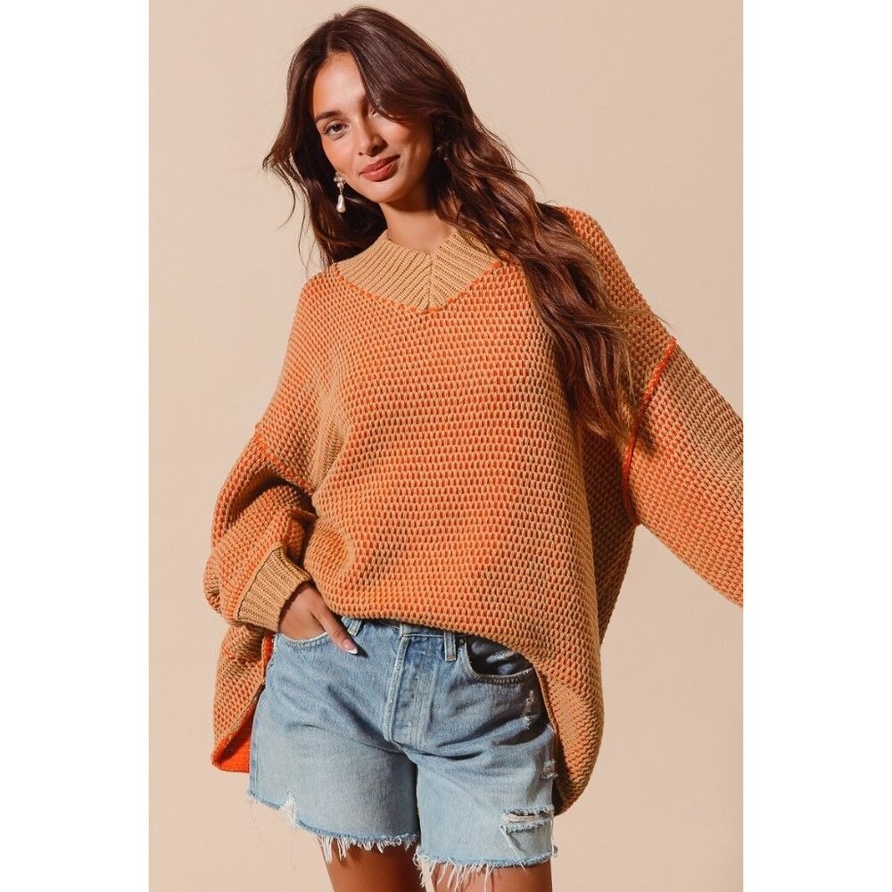 NWT Oversized Orange & Camel Knit Pullover Sweater With Collared Neckline Small - Picture 9 of 9